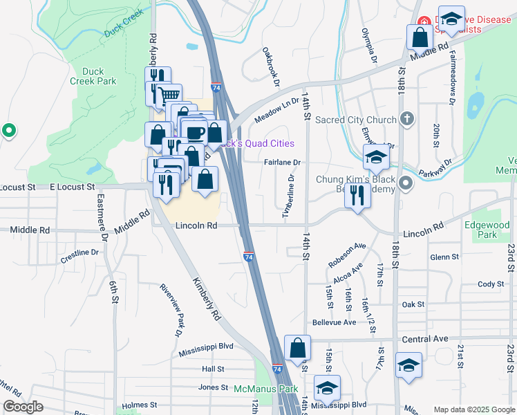 map of restaurants, bars, coffee shops, grocery stores, and more near 1500 Parklane Dr in Bettendorf