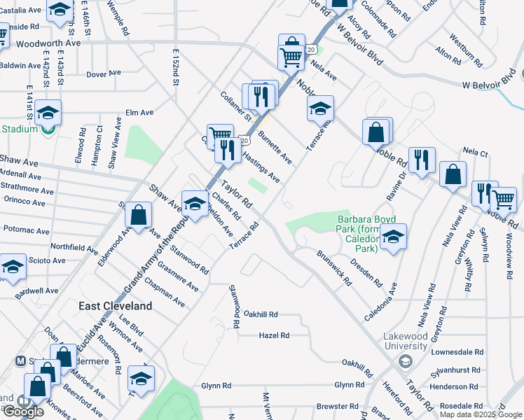map of restaurants, bars, coffee shops, grocery stores, and more near 1885 North Taylor Road in East Cleveland
