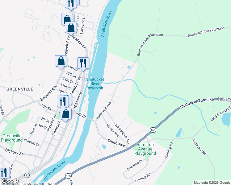 map of restaurants, bars, coffee shops, grocery stores, and more near 107 Roosevelt Avenue in Norwich