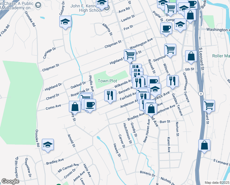 map of restaurants, bars, coffee shops, grocery stores, and more near 117 Wilkenda Avenue in Waterbury