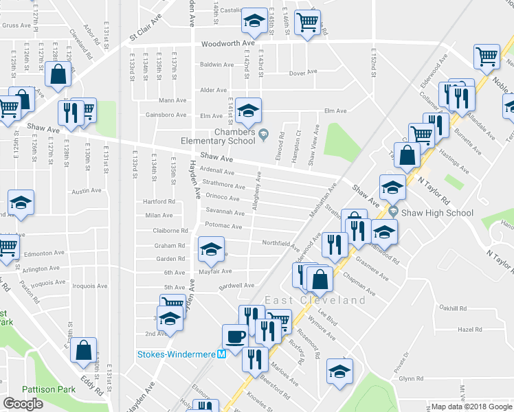 map of restaurants, bars, coffee shops, grocery stores, and more near 14300 Orinoco Avenue in East Cleveland