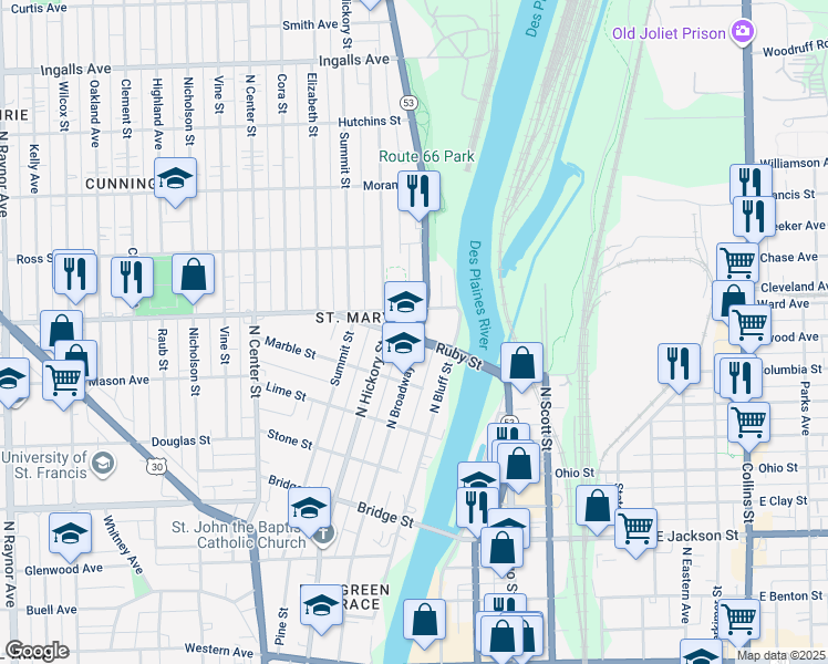 map of restaurants, bars, coffee shops, grocery stores, and more near 208 Granite Street in Joliet