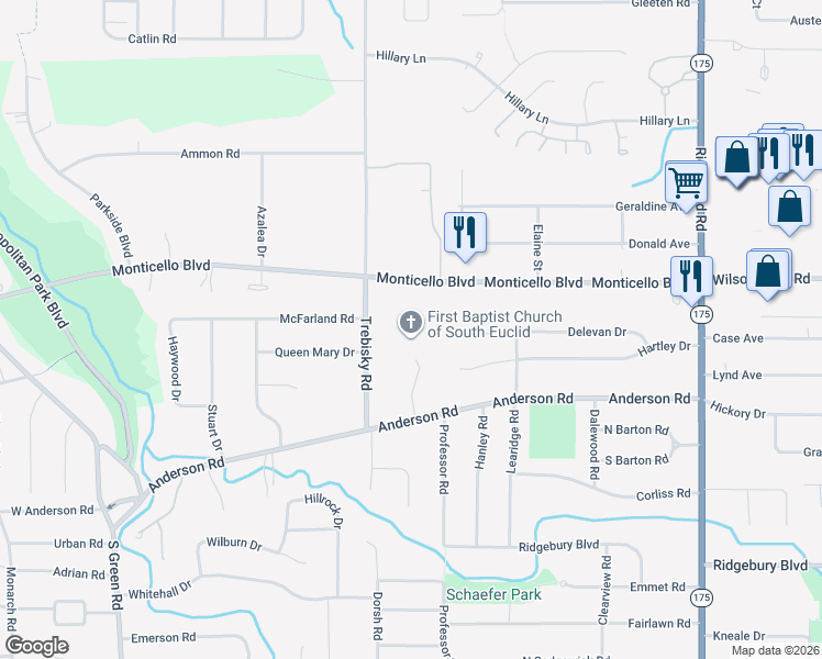 map of restaurants, bars, coffee shops, grocery stores, and more near 835 Trebisky Road in Cleveland