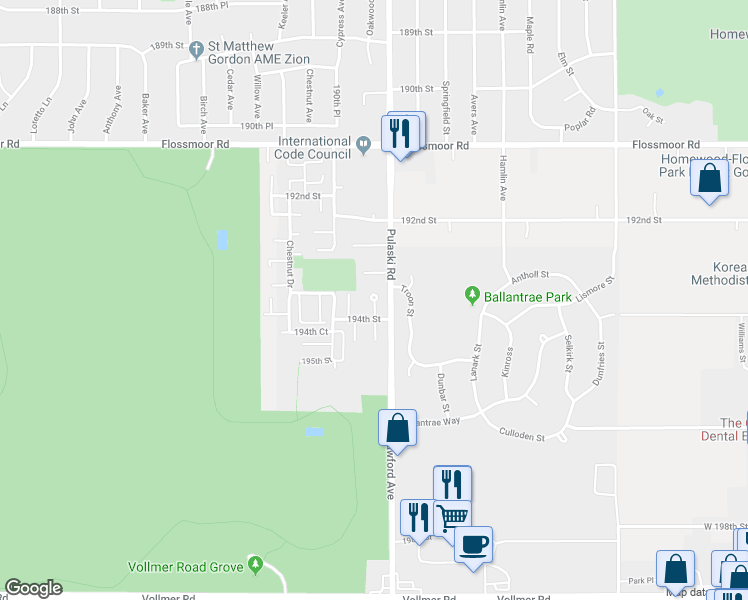 map of restaurants, bars, coffee shops, grocery stores, and more near 19319 Oakwood Avenue in Country Club Hills