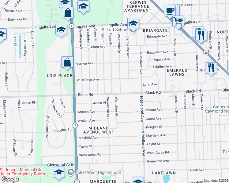 map of restaurants, bars, coffee shops, grocery stores, and more near 1557 Black Road in Joliet