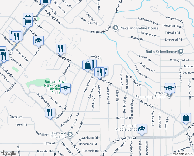 map of restaurants, bars, coffee shops, grocery stores, and more near 16119 Greyton Road in East Cleveland