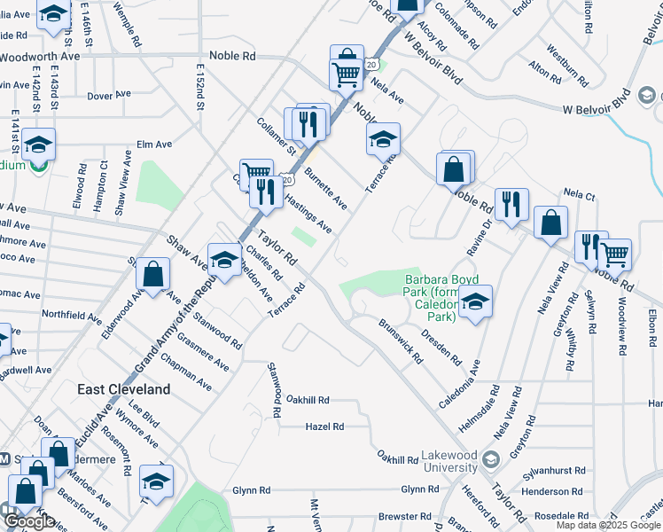 map of restaurants, bars, coffee shops, grocery stores, and more near 15600 Terrace Road in East Cleveland