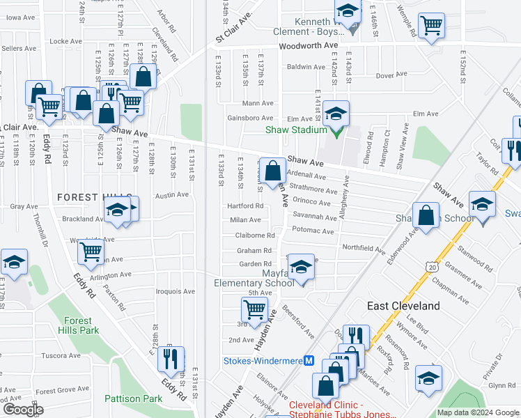 map of restaurants, bars, coffee shops, grocery stores, and more near 13436 Hartford Road in East Cleveland