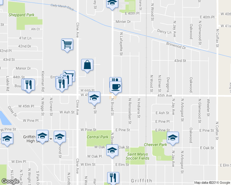 map of restaurants, bars, coffee shops, grocery stores, and more near 905 N Broad St in Griffith