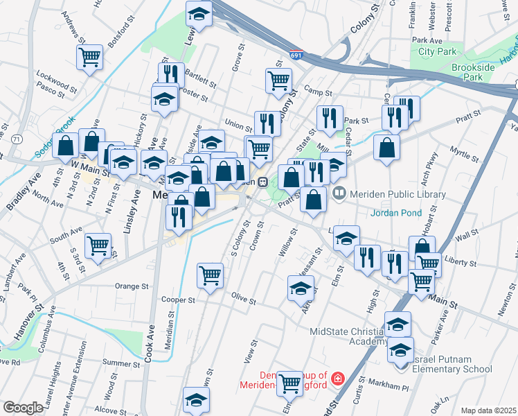 map of restaurants, bars, coffee shops, grocery stores, and more near 30 E Main St in Meriden