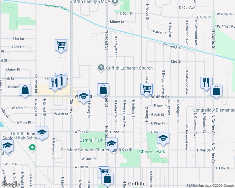 map of restaurants, bars, coffee shops, grocery stores, and more near 909 North Lafayette Street in Griffith