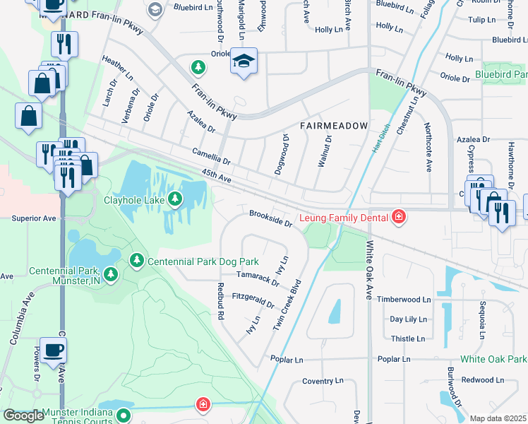 map of restaurants, bars, coffee shops, grocery stores, and more near 1331 Brookside Drive in Munster