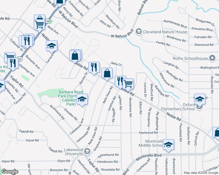 map of restaurants, bars, coffee shops, grocery stores, and more near 2142 Noble Road in East Cleveland