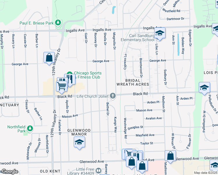 map of restaurants, bars, coffee shops, grocery stores, and more near 810 Sheila Drive in Joliet