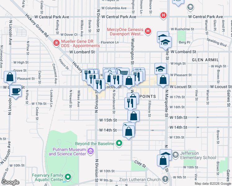 map of restaurants, bars, coffee shops, grocery stores, and more near 1723 North Sturdevant Street in Davenport
