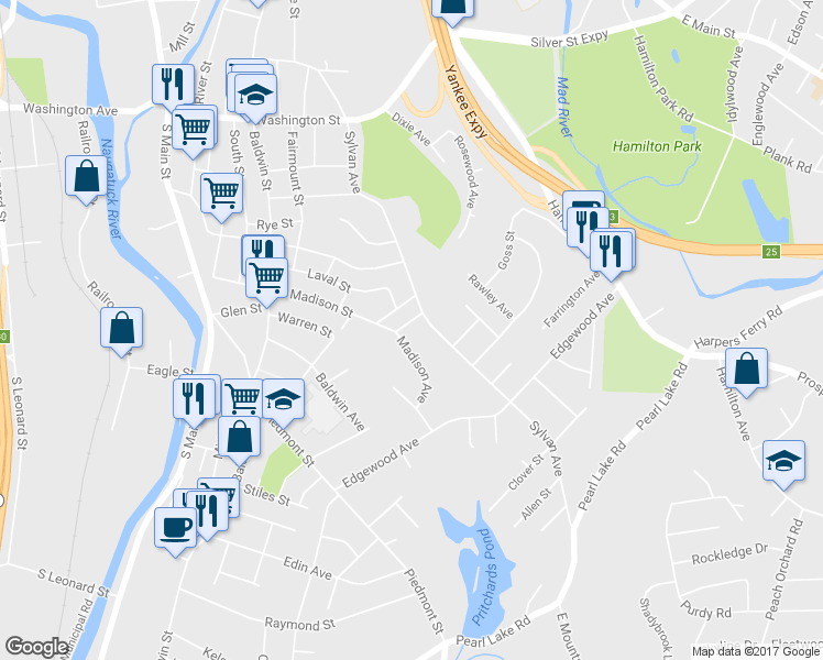 map of restaurants, bars, coffee shops, grocery stores, and more near 236 Madison Street in Waterbury