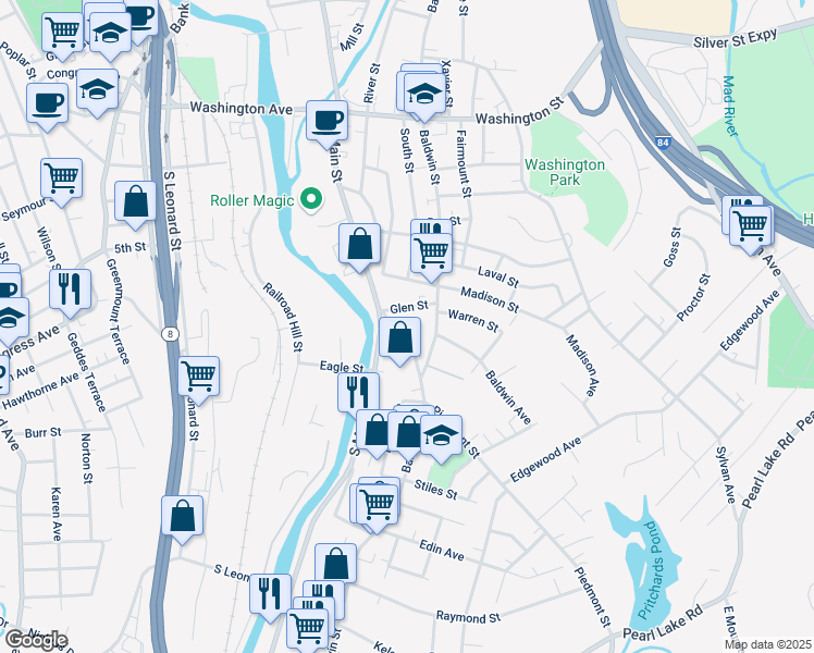 map of restaurants, bars, coffee shops, grocery stores, and more near 35 Piedmont Street in Waterbury
