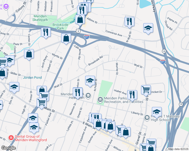 map of restaurants, bars, coffee shops, grocery stores, and more near 205 Wall Street in Meriden