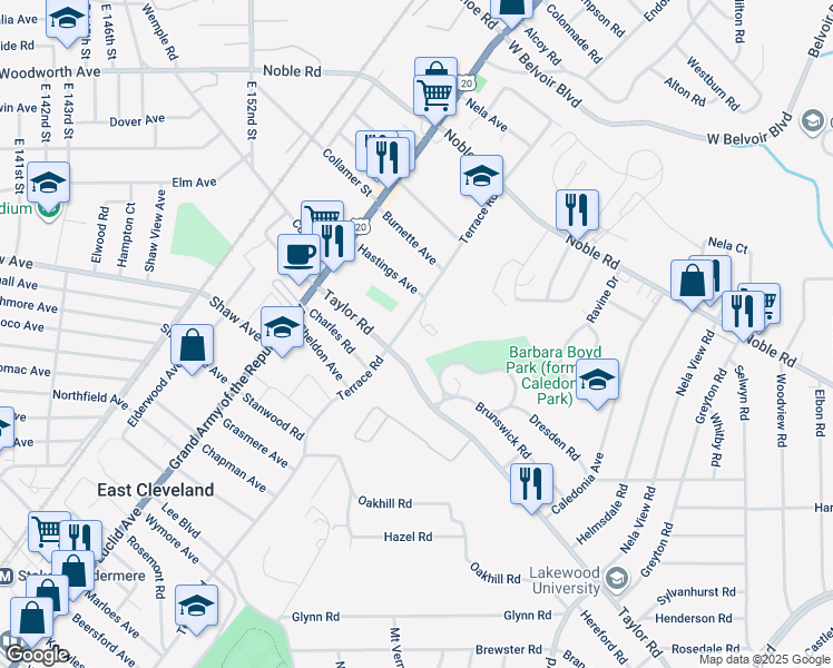 map of restaurants, bars, coffee shops, grocery stores, and more near 15704 Terrace Road in East Cleveland