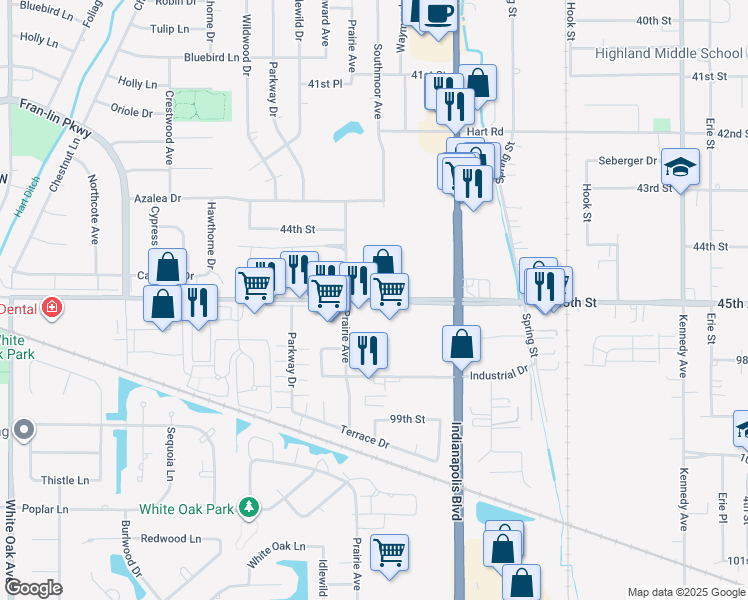 map of restaurants, bars, coffee shops, grocery stores, and more near 2203 45th Street in Highland