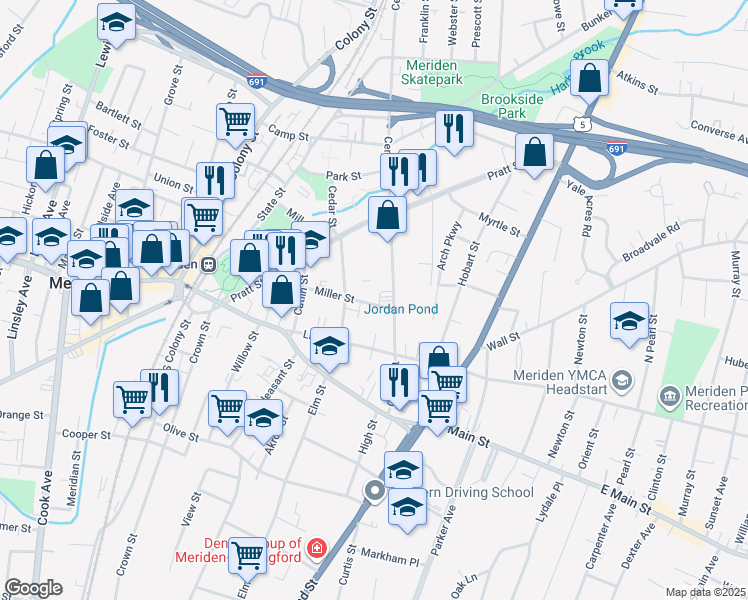 map of restaurants, bars, coffee shops, grocery stores, and more near 170 Miller Street in Meriden
