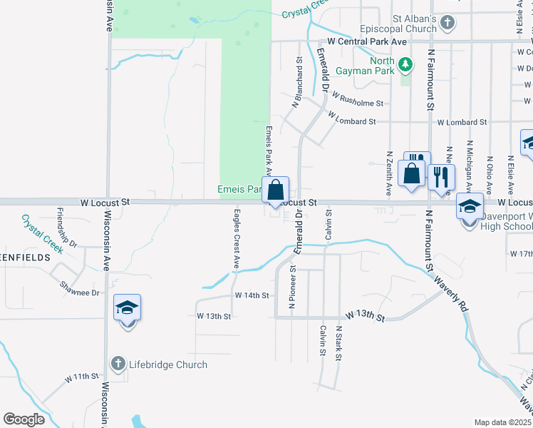 map of restaurants, bars, coffee shops, grocery stores, and more near 4425 W Locust St in Davenport