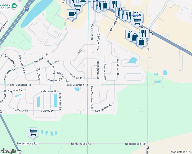 map of restaurants, bars, coffee shops, grocery stores, and more near 26589 Sheringham Road in Perrysburg