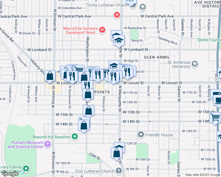 map of restaurants, bars, coffee shops, grocery stores, and more near 1323 Locust Street in Davenport