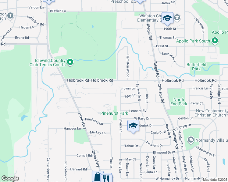 map of restaurants, bars, coffee shops, grocery stores, and more near 1607 Sylvan Court in Flossmoor