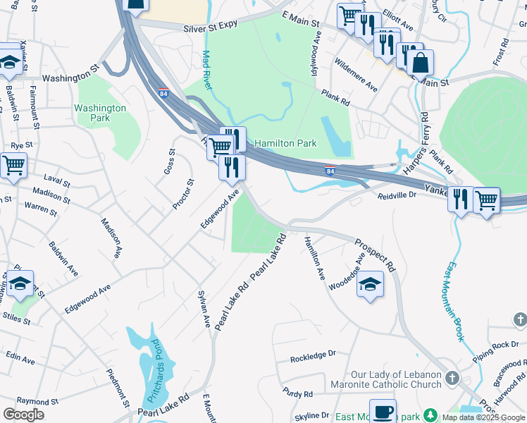 map of restaurants, bars, coffee shops, grocery stores, and more near 921 Hamilton Avenue in Waterbury