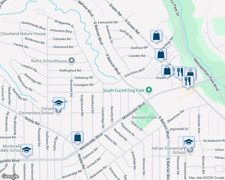 map of restaurants, bars, coffee shops, grocery stores, and more near 4088 Princeton Boulevard in South Euclid