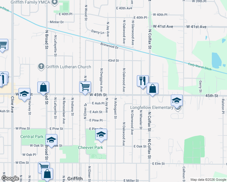 map of restaurants, bars, coffee shops, grocery stores, and more near 923 North Jay Avenue in Griffith