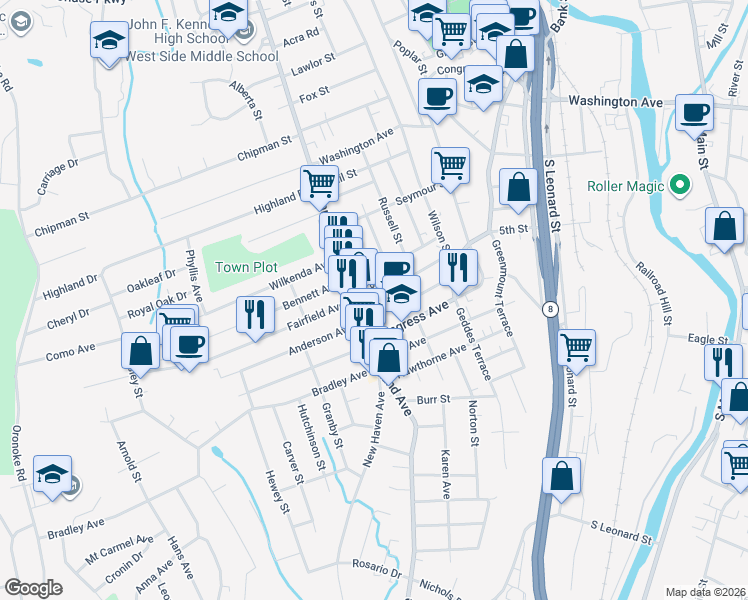 map of restaurants, bars, coffee shops, grocery stores, and more near 124 Addison Street in Waterbury