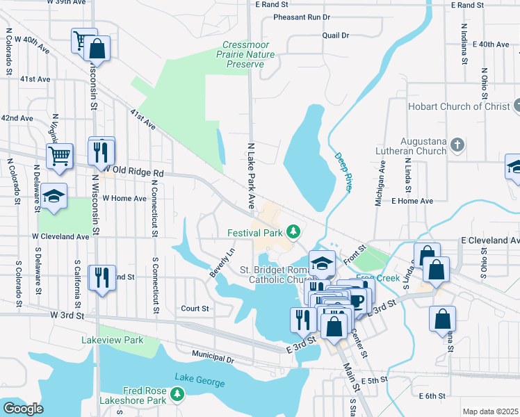 map of restaurants, bars, coffee shops, grocery stores, and more near 111 N Lake Park Ave in Hobart