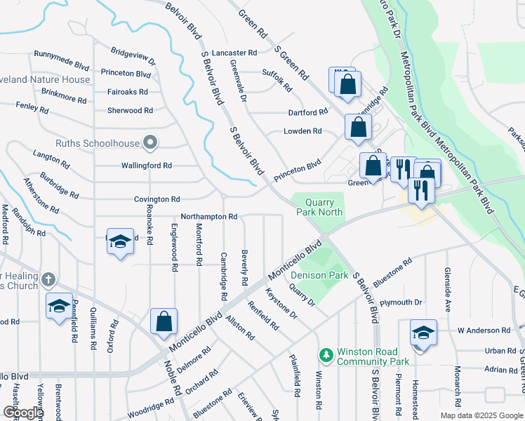 map of restaurants, bars, coffee shops, grocery stores, and more near 3995 Northampton Road in Cleveland Heights