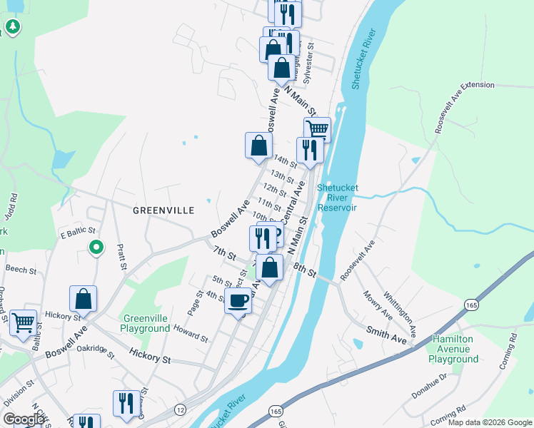 map of restaurants, bars, coffee shops, grocery stores, and more near 54 11th Street in Norwich