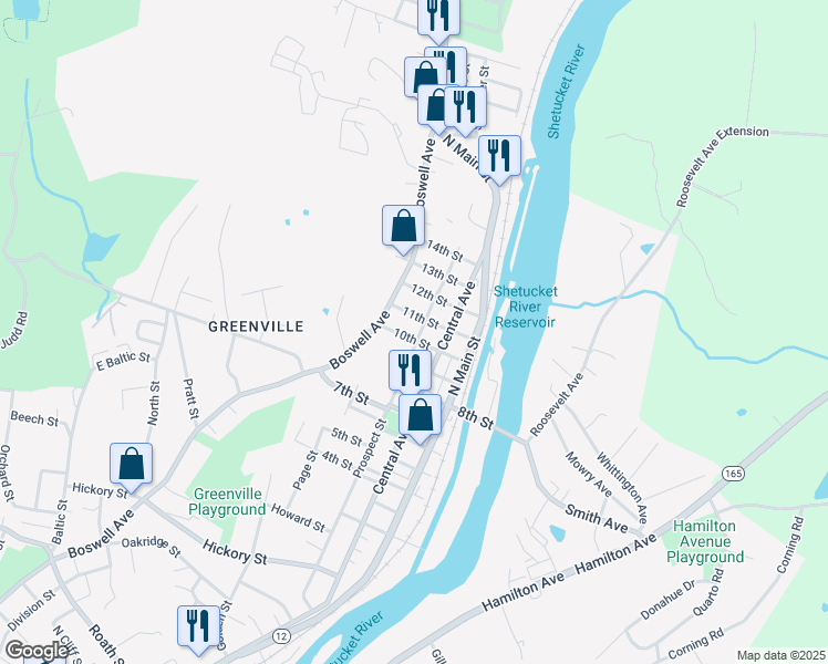 map of restaurants, bars, coffee shops, grocery stores, and more near 54 11th Street in Norwich