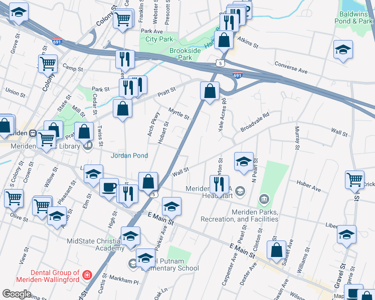 map of restaurants, bars, coffee shops, grocery stores, and more near 691 U.S. 5 in Meriden