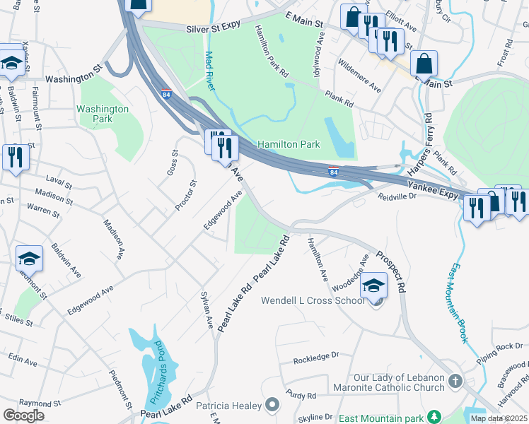 map of restaurants, bars, coffee shops, grocery stores, and more near 921 Hamilton Avenue in Waterbury