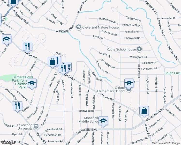 map of restaurants, bars, coffee shops, grocery stores, and more near 840 Medford Road in Cleveland Heights