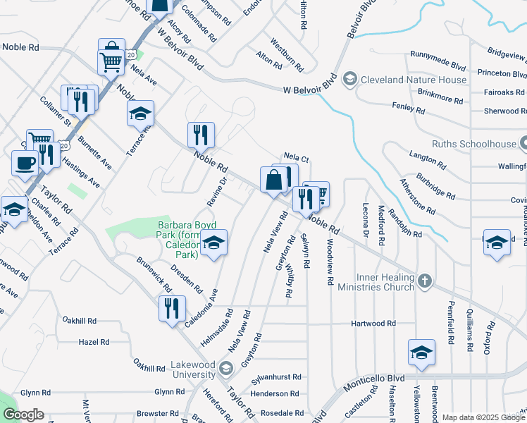 map of restaurants, bars, coffee shops, grocery stores, and more near 16012 Caledonia Avenue in East Cleveland