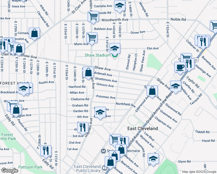 map of restaurants, bars, coffee shops, grocery stores, and more near 14209 Orinoco Avenue in East Cleveland
