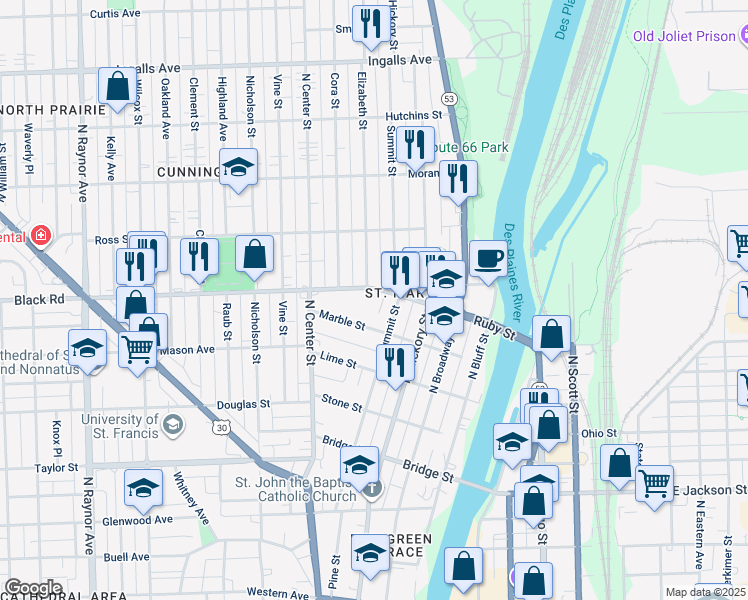 map of restaurants, bars, coffee shops, grocery stores, and more near 312 Ruby Street in Joliet