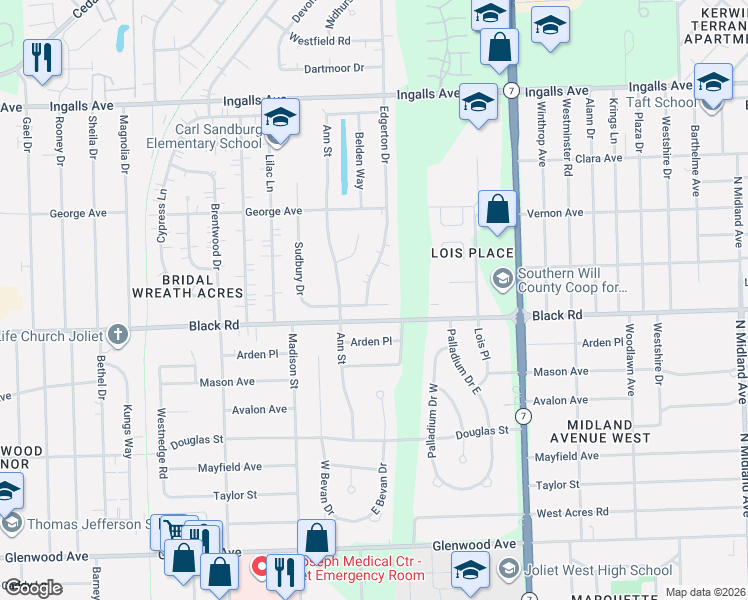 map of restaurants, bars, coffee shops, grocery stores, and more near 2005 Sudbury Drive in Joliet
