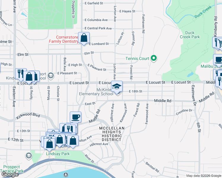 map of restaurants, bars, coffee shops, grocery stores, and more near 2625 East Locust Street in Davenport