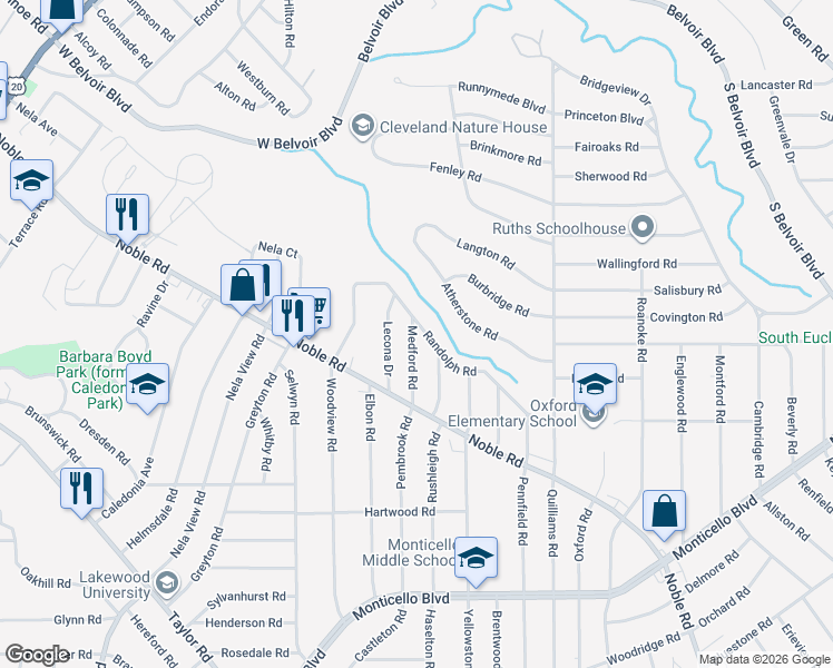 map of restaurants, bars, coffee shops, grocery stores, and more near 840 Medford Road in Cleveland Heights