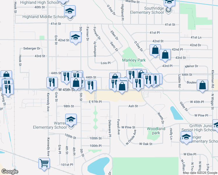 map of restaurants, bars, coffee shops, grocery stores, and more near 3125 W 45th Ave in Highland