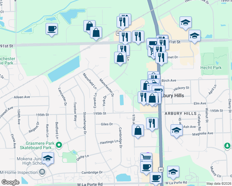 map of restaurants, bars, coffee shops, grocery stores, and more near 19415 Manchester Drive in Mokena