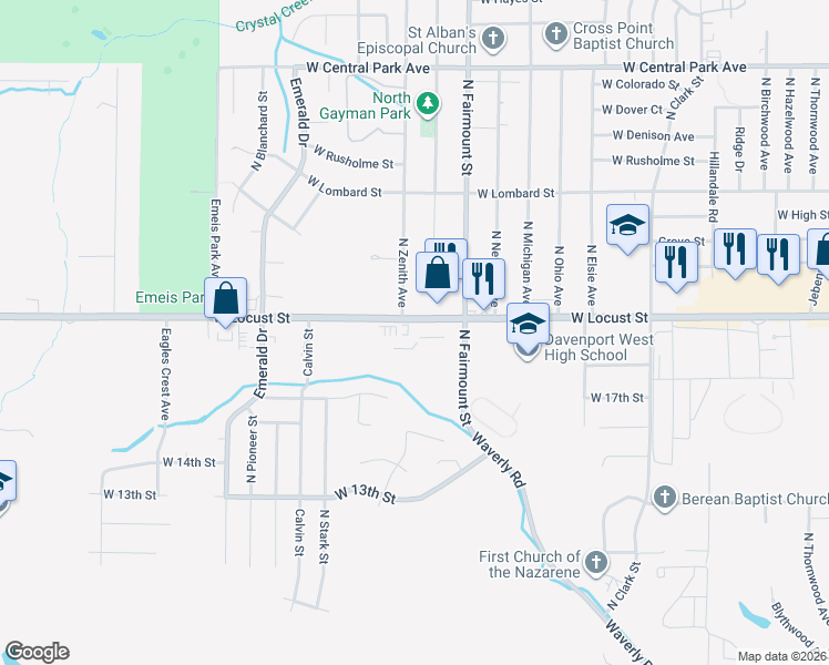 map of restaurants, bars, coffee shops, grocery stores, and more near 3911 West Locust Street in Davenport
