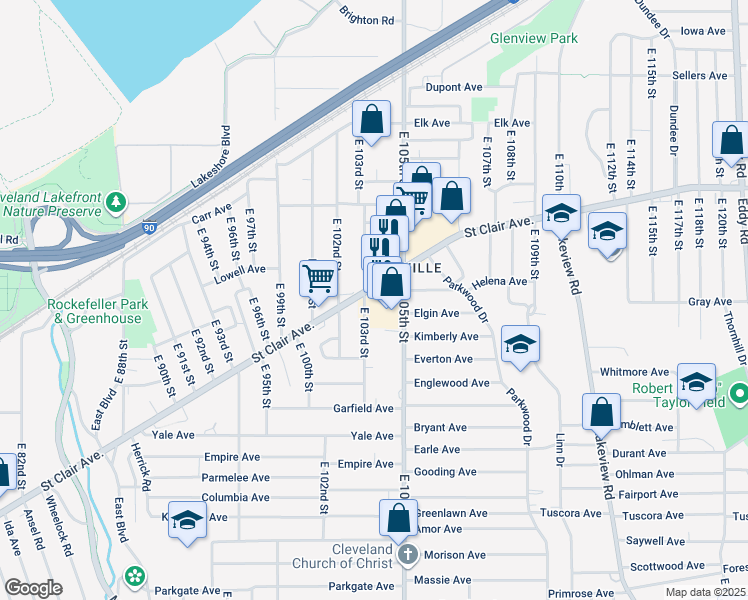 map of restaurants, bars, coffee shops, grocery stores, and more near 10320 Saint Clair Avenue in Cleveland